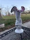 VTG FENTON LARGE BLACK ROSE HAND TORCH VASE CASED, PINK AND BLACK IRIDIZED
