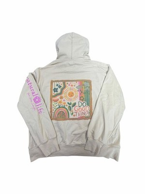 Natural Life Do Good Things Graphic Hoodie Sweatshirt Beige XL Boho Rainbow