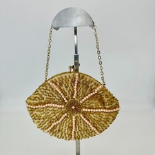 Vintage Handmade Hong Kong Beaded Evening Bag Clutch Purse Gold Faux Pearl