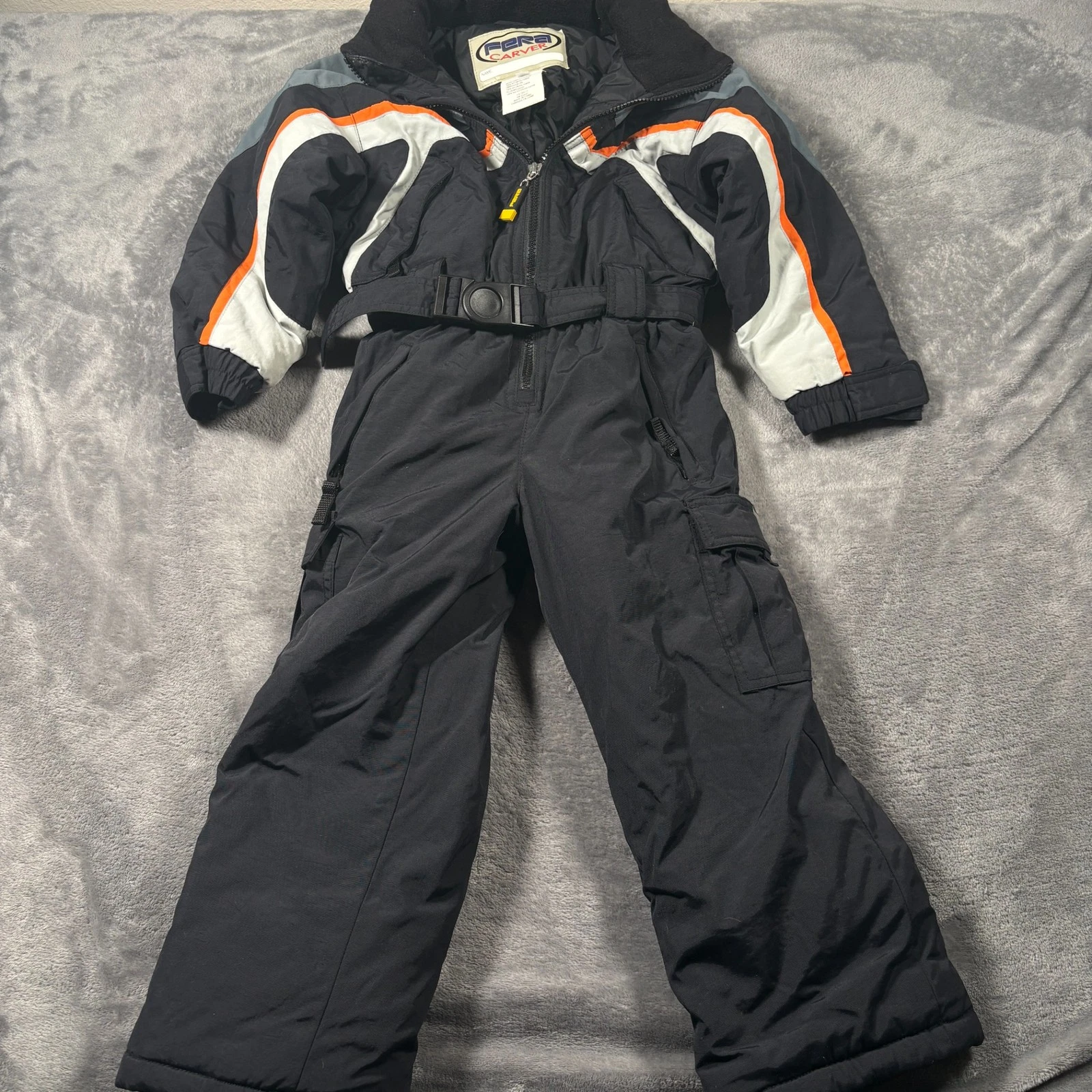 Vintage Fera Carver One Piece Ski Suit Kids 4 Black Orange Insulated Snowboard