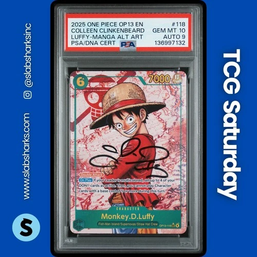 2025 ONE PIECE #OP13-118 COLLEEN CLINKENBEARD MONKEY LUFFY ALT ART PSA 10 AUTO 9