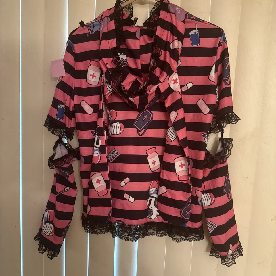 ADCD Rag Yami Kawaii Punk Menhera Chan Usamimi Parka Negra/Rosa Cremallera Sudadera con Capucha Foto 2 de 4