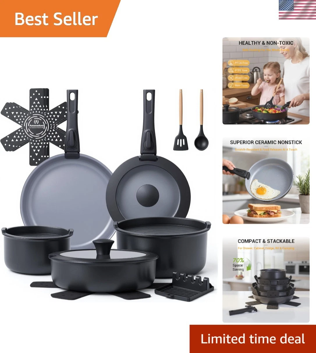 18 Pcs Ceramic Pots and Pans Set Non Stick Kitchen Cookware Set with Detachab...