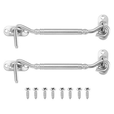 2Pcs 6'' Hook and Eyes Catch Door Latch Locks, Stainless Steel Cabin Hooks Silver