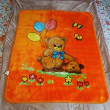 Vintage Baby Blanket Teddy Bear Balloons Puppy Butterfly Mink Plush Orange Rare