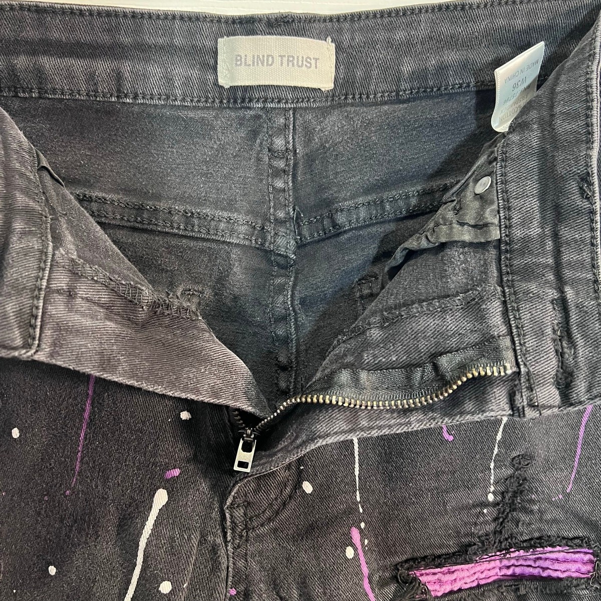 Blind Trust Black Denim Shorts Mens Size 36 Painted Distressed Stretch Splatter View 3