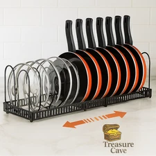 Adjustable Pot and Pan Organizer Rack for Cabinet- Heavy-Duty Black Metal