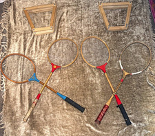 Vintage Wooden Badminton Racquets Set w/ Wooden Press Frames, Lot of 3