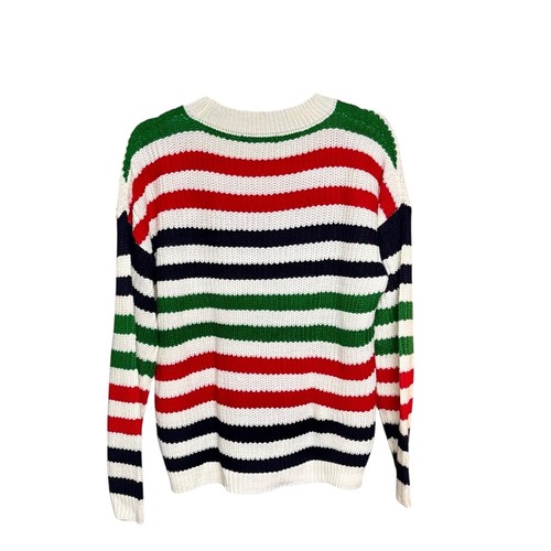 Mine Striped Knit Sweater Sz M White Red Green Crew Neck Long Sleeve Pullover - Picture 2 of 7
