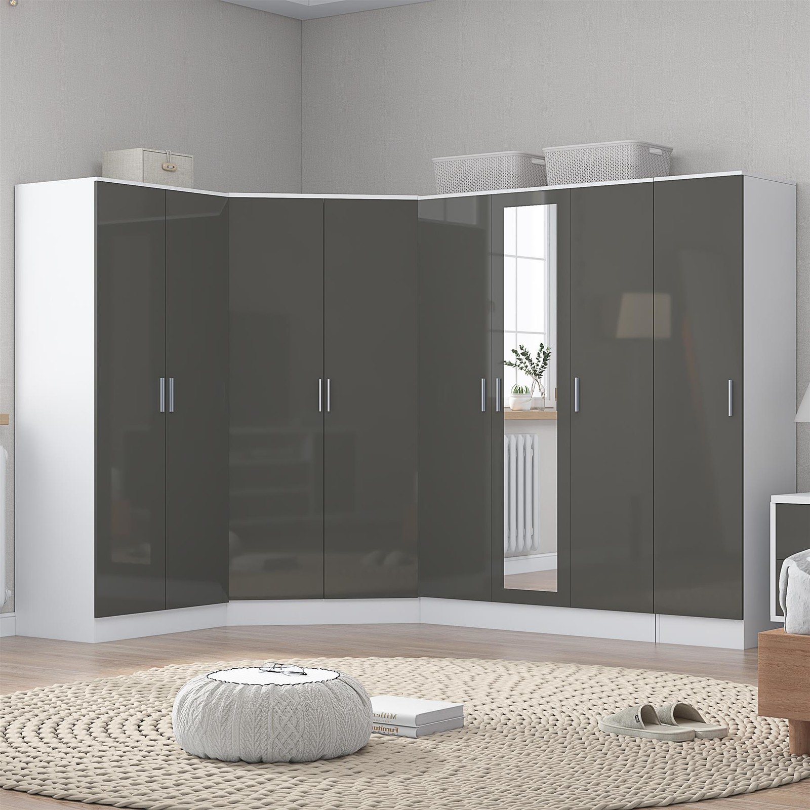 Reflect Wardrobe Bundle - Corner + 3 Door + 2Dr + 1Dr Plain - Grey / White - Grey Gloss / Matt White - Image 3
