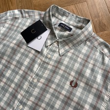 BNWT FRED PERRY Long Sleeve Tartan Check Shirt Ecru Silver Blue Mens Size 2XL