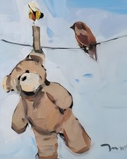 Teddy Bear Laundry 16x20 PRINT Canvas of Painting by Artist Jose TRUJILLO