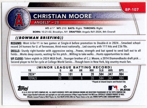 2025 Topps 1st Bowman Baseball Christian Moore No. BP-107 Los Angeles Angels - Bild 2 von 2