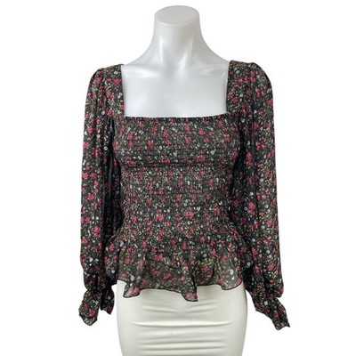 Code X Mode Women's Black Floral Smocked Square Neck Long Sleeve Blouse Top S