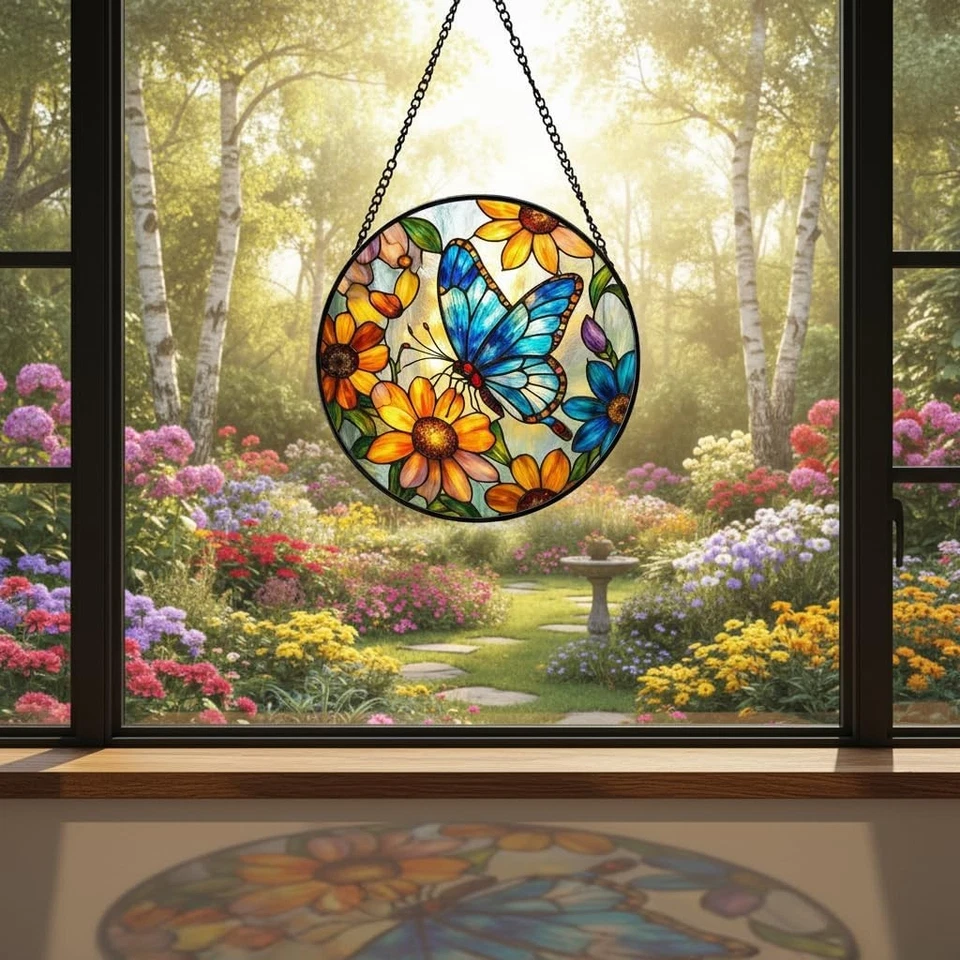 Decoración colgante ventana atrapasol vitral flor amarilla mariposa Foto 2 de 4