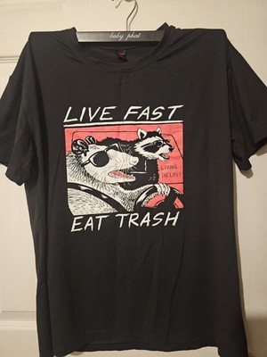 ''Live Fast Eat Trash'' Black Graphic Print Crew Neck Short Sleeve Tee