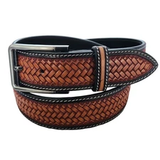 Western Ranger Saddle Tan Leather Belt Tooled Basket Weave Floral Billet Size 34