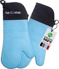 Silicone Oven Mitts, Heat Resistant 2 Piece Set Light  Blue and Black