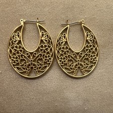 Gold Toned Filigree Dangle Hoop Earrings Butterflies Flowers
