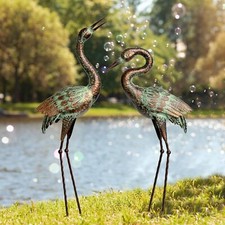 Metal Crane Garden Statues Blue Heron Outdoor Decor Lawn Ornaments Yard Art