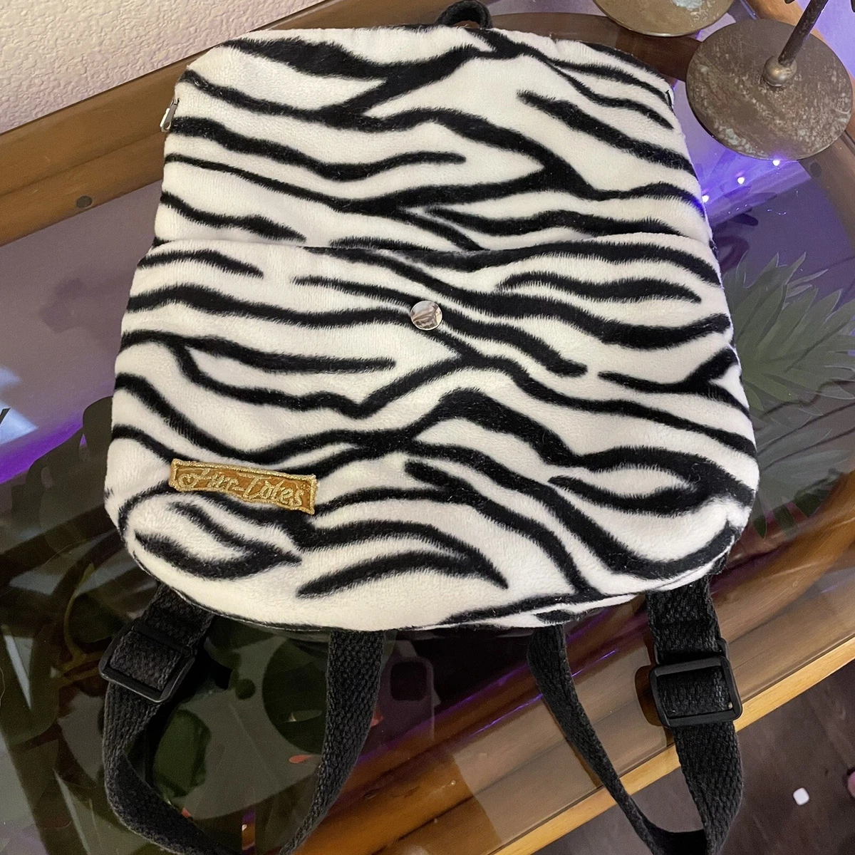 90s Y2K Mini Backpack Rave Festival Furry Fuzzy Bag Animal Print Zebra  Furtotes