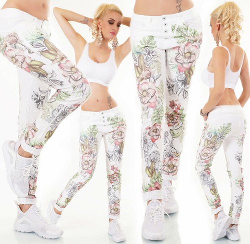 Sexy jeans pantalone donna stampato bianco floreale disegnati cotone nuovo  | eBay