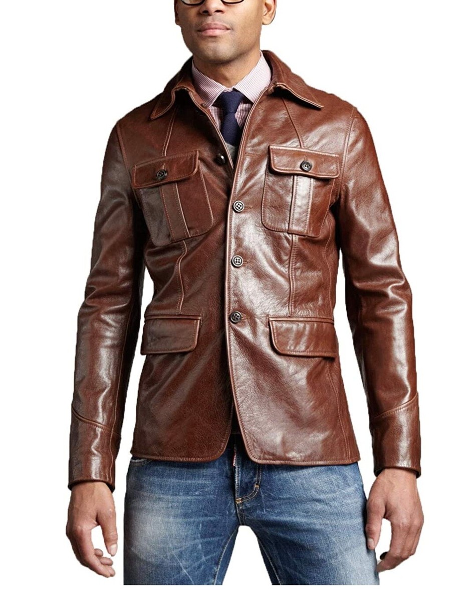 Leather Blazer Jacket Coat Men's Lambskin Button Real Soft Slim