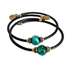 Set Of 2 Murano Gold Tone Green Glass Bead Expandable Bracelets Of Venice