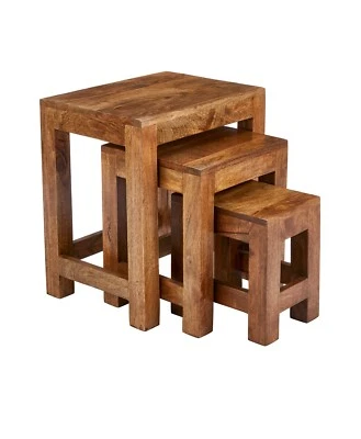 ELM HOME AND GARDEN Rustic Solid Dark Wooden Nest Of Three 3 Lamp End Tables H 50 x W 45 x D 34 cm