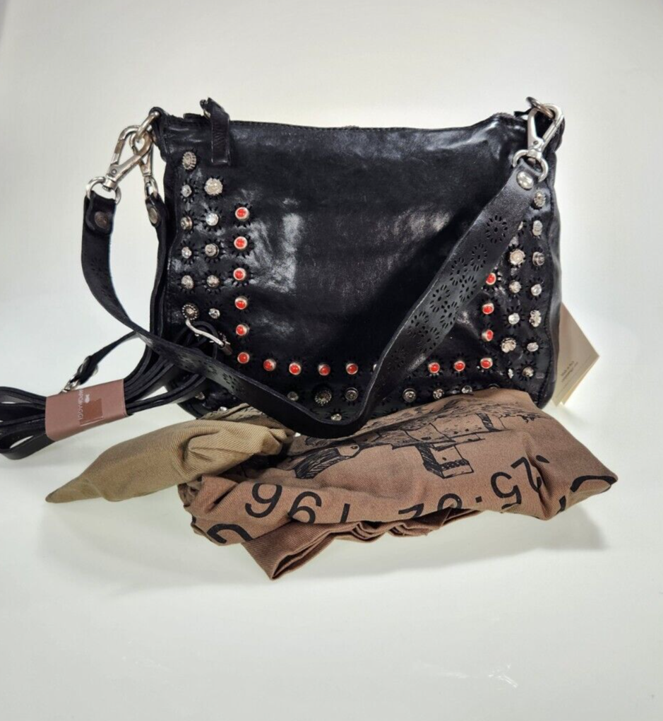 ま*い様 CAMPOMAGGI ブラック ハンドバッグ Campomaggi Ravenna Black Leather Studded Perforated Zip
