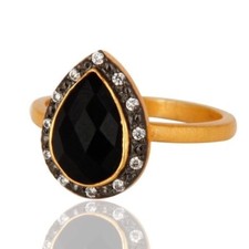 925 Sterling Silver Natural Black Onyx Gemstone 22K Gold Plated Ring CZJewelry