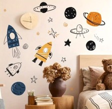 Reusable Kid's Wall Decals Stickers Outer Space Planets Rocket Ships Astronauts