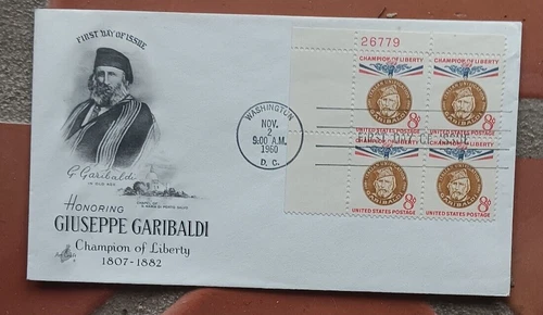 ITALY CHAMPION OF LIBERTY GIUSEPPE GARIBALDI 1960 ARTCRAFT CACHT FDC PLATE#BLOCK