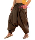 Men Women Cotton Solid Brown Harem Pants Gypsy Hippie Drop Crotch Trouser Genie