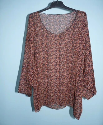 Haut blouse chemisier crop top marron imprimé fleurs transpartent taille L - TBE - Photo 1/4