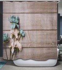 Primitive Rustic Wood Boards Flowers Fabric Shower Curtain Country Planks Aqua
