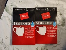 2 Hanes 100 Cotton Fabric Face Mask Reusable White 5 PACK NEW