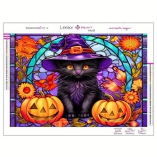 5D Diamond Painting Kit 30X40cm Black Cat with 2 Pumpkins Witches Hat Mosaic