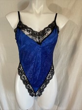 Vintage 1980s Shirley of Hollywood Blue  Black Nylon Teddy Size Medium USA