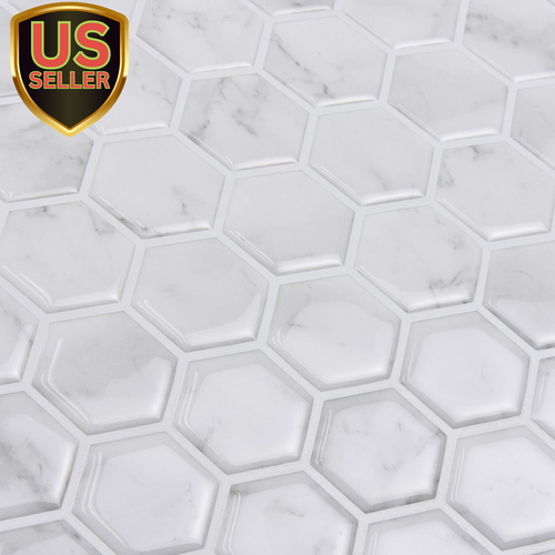 NH2359 Hexagon Marble Peel Stick Backsplash Tiles, White & Off-White - Picture 5 of 10