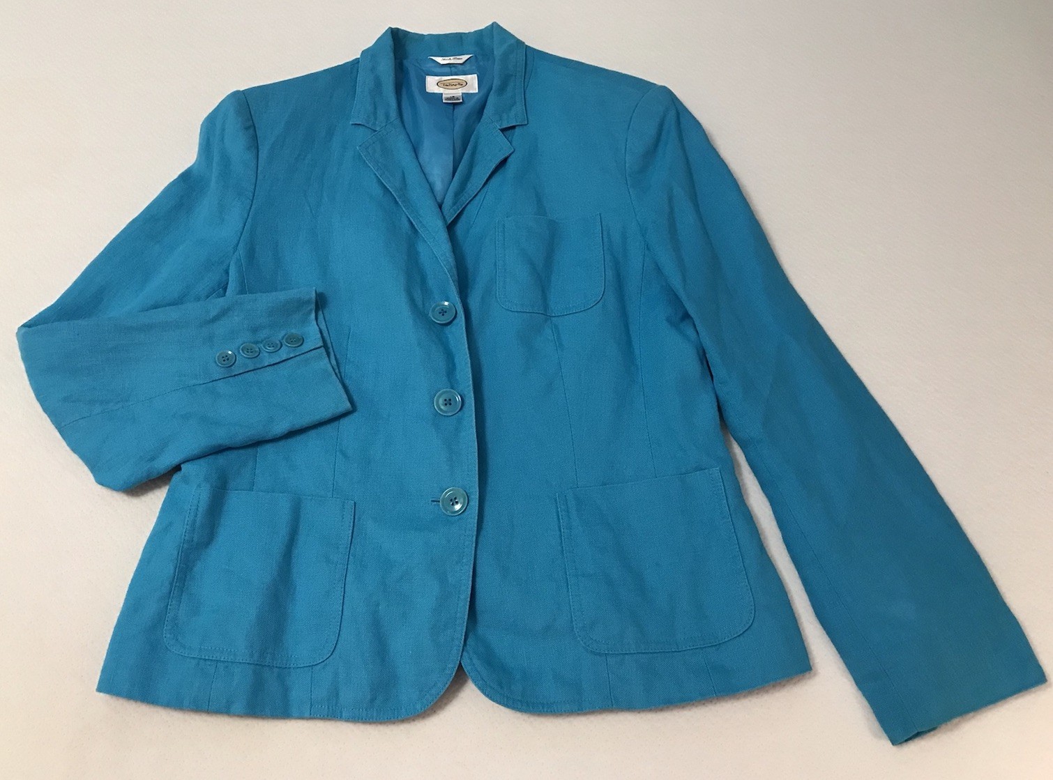 Vtg Talbots Irish Linen Blazer Jacket Women 10 Turquoise Blue Lined 3 Pockets