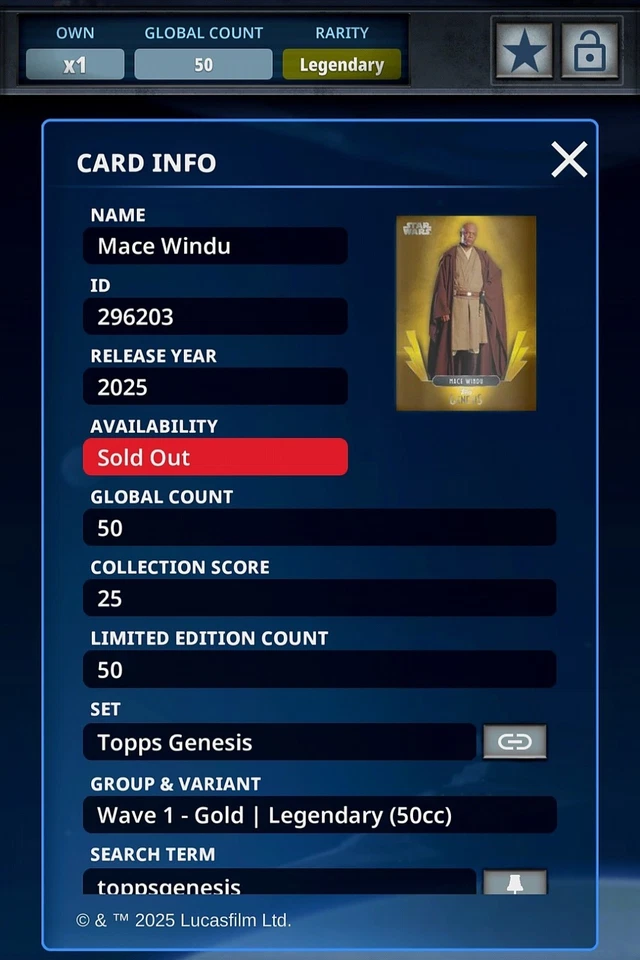 Topps Star Wars Digital Card Legendary 2025 Genesis Gold MACE WINDU (50cc) - Image 3 of 4