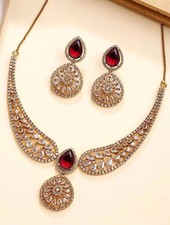 Gold Plated CZ American Diamond Choker Necklace Earrings Set Indian Bridal Jewel