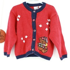 Vintage 90s Baby N Teddy Bear Knit Cardigan Sweater Red Plaid 4T Ramie Blend