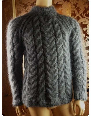 Cableknit Aranstyle Mohairpullover dunkelgrau Gr. M