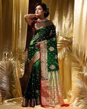 Indian Wedding Bollywood Saree Green Sari Jacquard Soft Lichi Silk Designer Wear