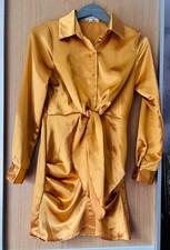 MORRISDAY SATIN gold mini ruched tie front shirt Dress size XS 6 8 party retro
