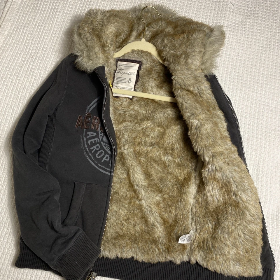 Sudadera con Capucha Vintage Aeropostale Forrada de Piel Sintética Mujer M Gris Cremallera Completa Y2K Foto 4 de 4