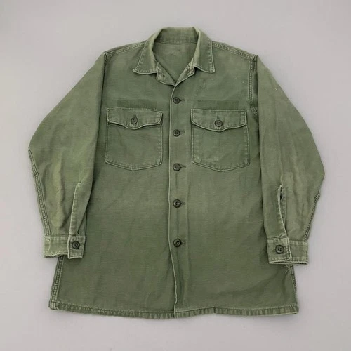 Vintage 70s Og107 Sateen Shirt Military Vietnam Button Front Cotton Size Medium