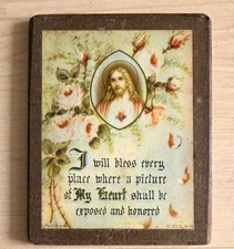 Vintage Sacred Heart of Jesus Prayer Wooden Lithograph Prayer Plaque Made in USA